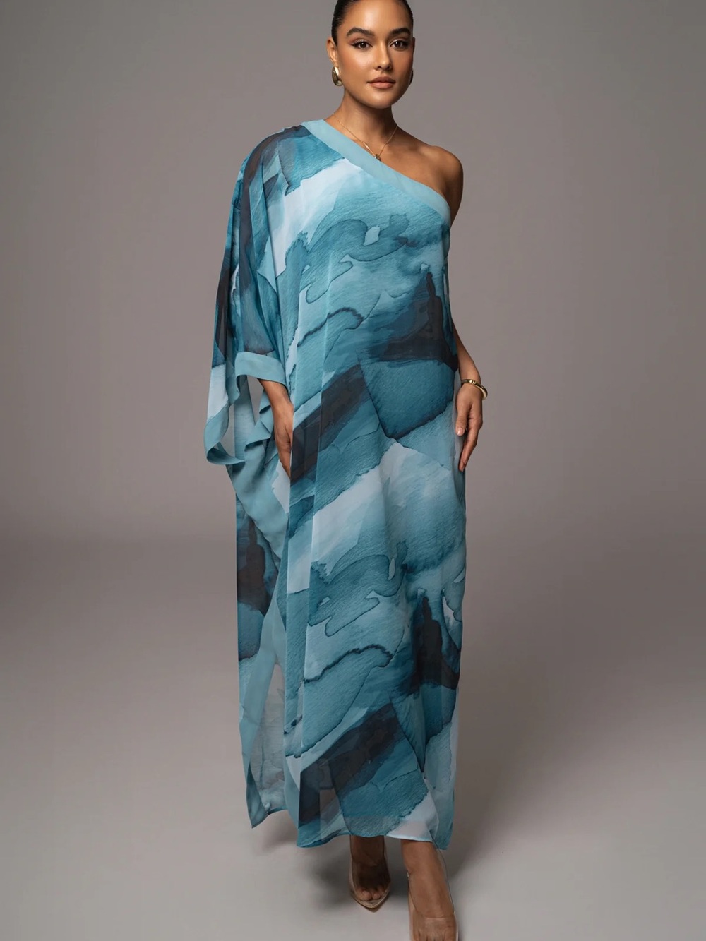 JLUXLABEL One-Shoulder Abstract Blue Maxi Dress